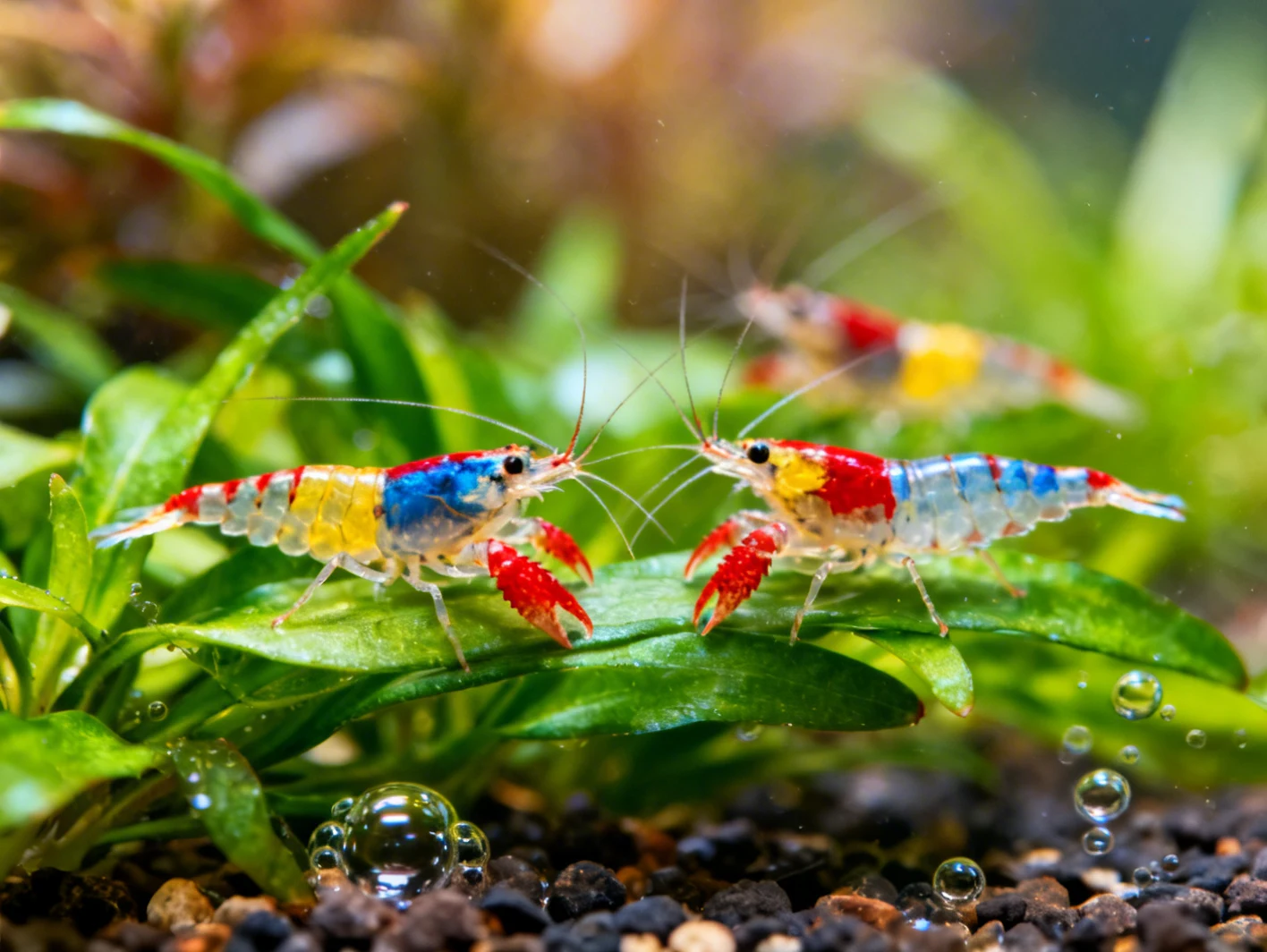 Crevette d'eau douce sur plante aquatique